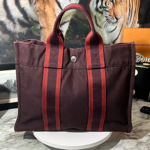 HERMES PM CANVAS TOTE BAG HAND STITCHED IN FRANCE - Picture 1 of 16